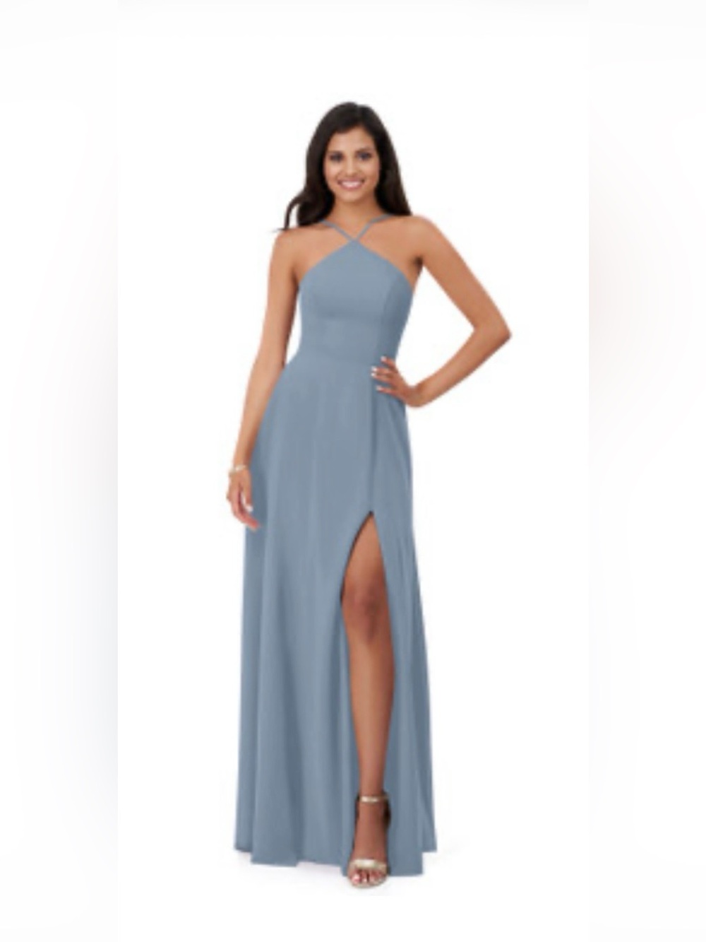 Azazie Bailey A-Line Halter Side Slit Chiffon Dress in Dusty Blue